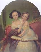 Portrait de Marguerite Louise Cibiel et de Marie Aglaure Cibiel assises sur un sofa  feuilletant un livre